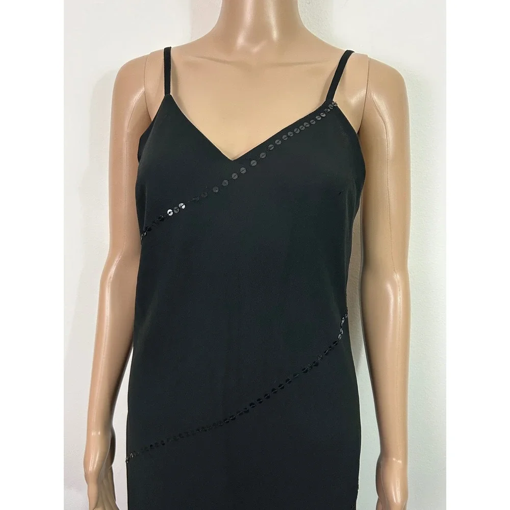 Vintage Hokus Pokus Black Sequin Maxi Dress V-Neck Low‎ Back Spaghetti Strap S
